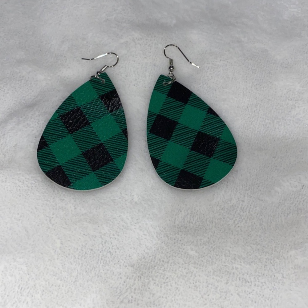 Faux Leather green/black plaid earrings - new!